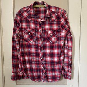 Salt Valley Red/Blue Flannel Western Snap Shirt, Size Small